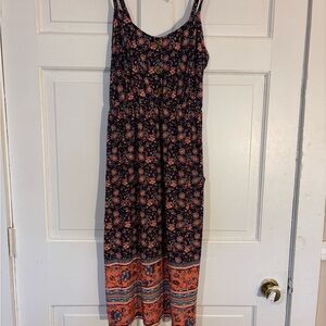 Floral Sleeveless Maxi Dress - Navy and Orange